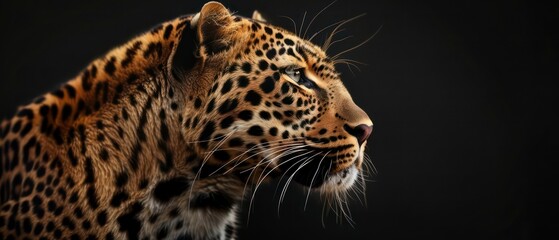 leopard looks away against the black backdrop, its silhouette symbolizing regal strength and nocturnal grace
