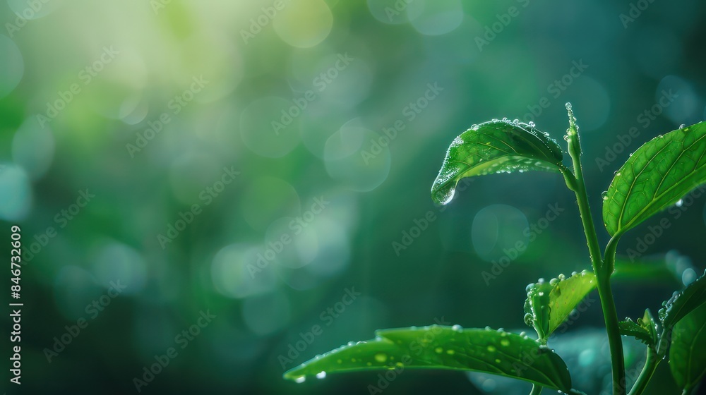 Poster a leaf is shown with a blurry background and raindrops on it