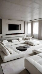 High end modern living room with white leather couch and a large flat screen tv mounted on the wall, brutalist architecture mixed with modern futuristic minimal design