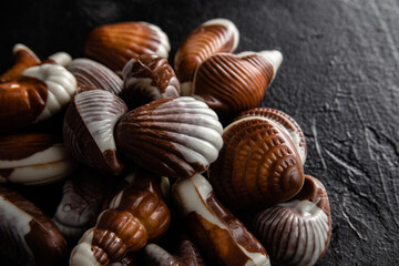 Chocolate candies in the shape of shells on a dark background