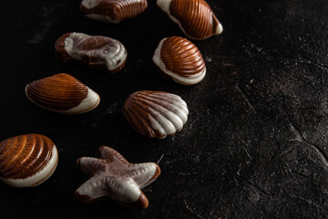 Chocolate candies in the shape of shells on a dark background