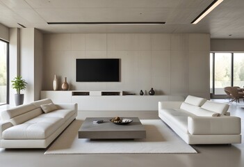 Fototapeta premium High end modern living room with white leather couch and a large flat screen tv mounted on the wall, brutalist architecture mixed with modern futuristic minimal design