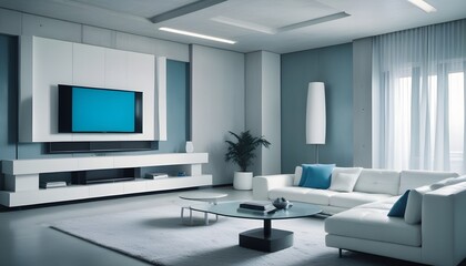 High end modern living room with white leather couch and a large flat screen tv mounted on the wall, brutalist architecture mixed with modern futuristic minimal design