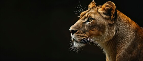 Fototapeta premium lion stands against the black backdrop, its gaze away, symbolizing the tranquil power of the night