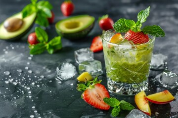 A refreshing green drink made with avocado, strawberries, mint, and ice cubes