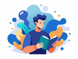 Man Reading a Book with Abstract Background - Vector Illustration