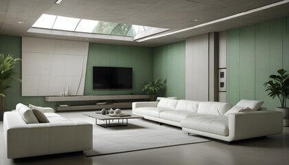 High end modern living room with white leather couch and a large flat screen tv mounted on the wall, brutalist architecture mixed with modern futuristic minimal design