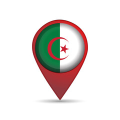 3D location pin icon with Algeria flag inside vector image design. 