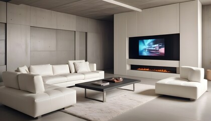 High end modern living room with white leather couch and a large flat screen tv mounted on the wall, brutalist architecture mixed with modern futuristic minimal design