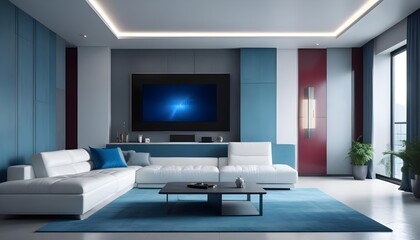 High end modern living room with white leather couch and a large flat screen tv mounted on the wall, brutalist architecture mixed with modern futuristic minimal design