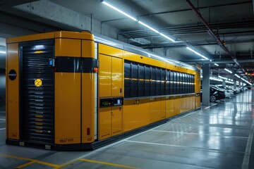 Obraz premium A row of yellow cabinets indoors