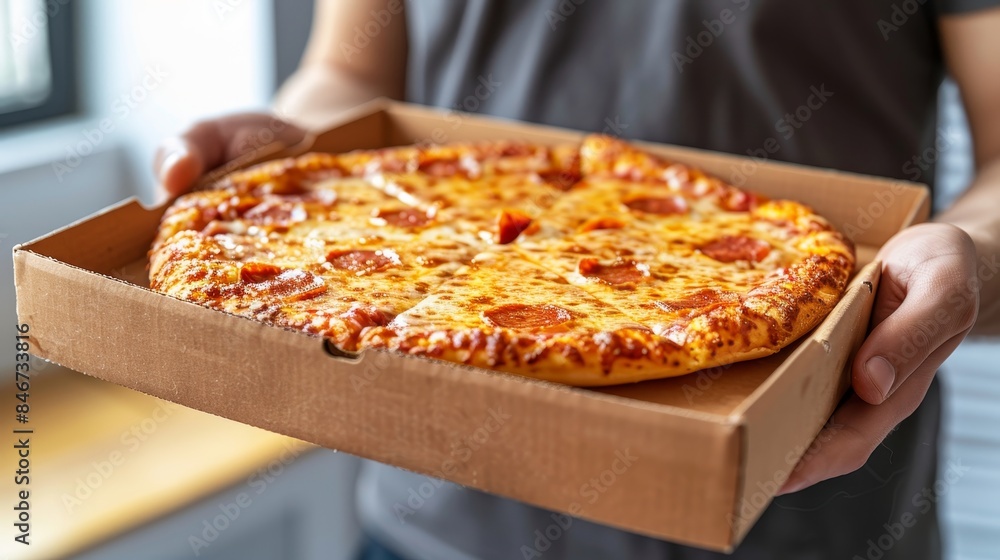 Poster close up of pizza held in hands with blurred background, providing ample space for text placement