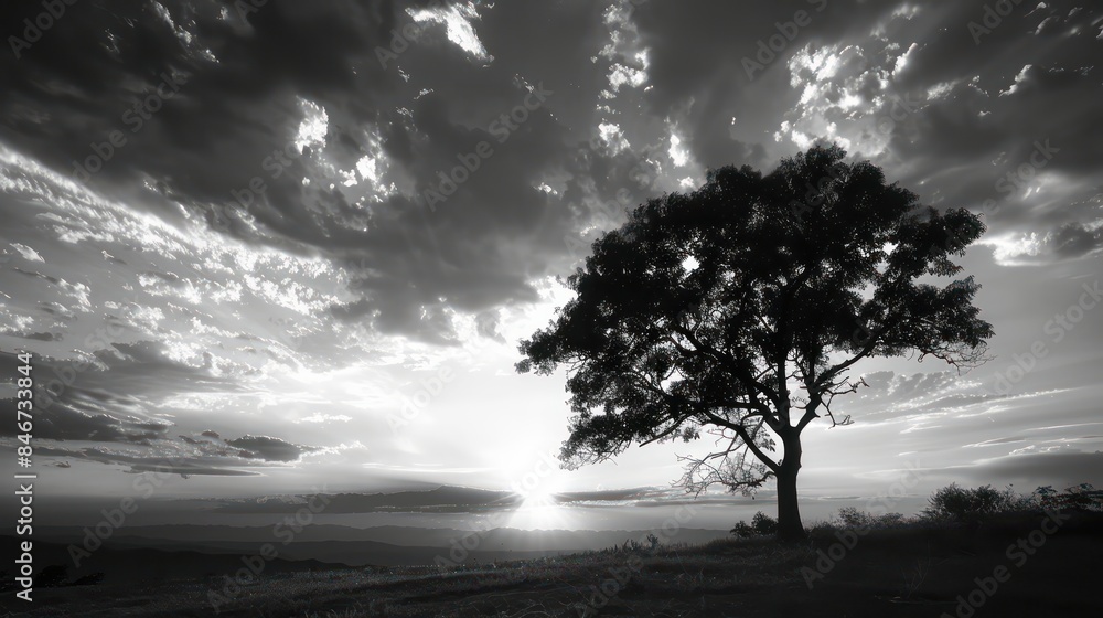 Aufkleber A tree stands alone in a field with a cloudy sky in the background