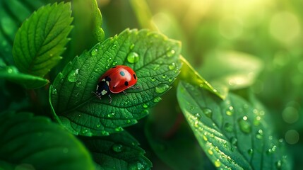 Fototapeta premium Ladybug on a green leaf with water droplets in sunlight.