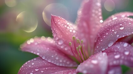 Pink flower with water droplets on petals in soft focus.