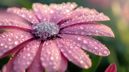 Pink flower with water droplets on petals in soft focus.