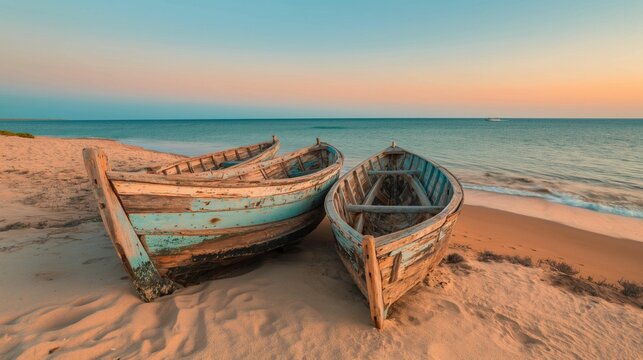 Two old wooden boats on sandy beach at sunset with calm ocean and clear sky.