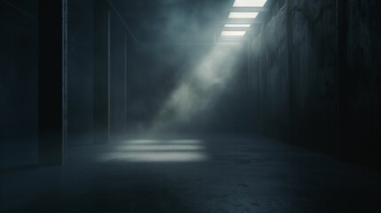 Dark empty hallway with fog and concrete walls