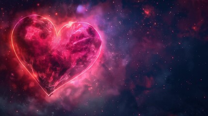 Glowing pink heart in space surrounded by stars and nebula.