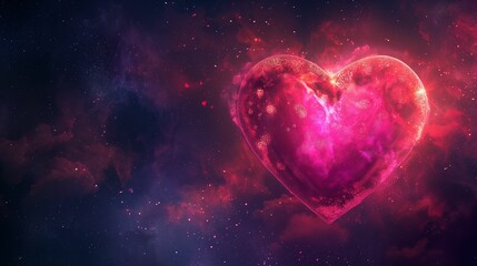 Glowing pink heart in space surrounded by stars and nebula.