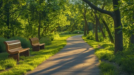 Fototapeta premium Pathway through a green park with wooden benches and trees in sunlight.