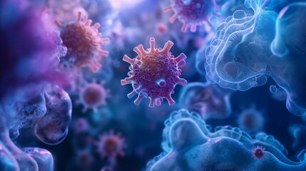Obraz premium Microscopic view of virus particles in a blue and purple environment.
