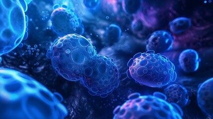 Microscopic view of virus particles in a blue and purple environment.