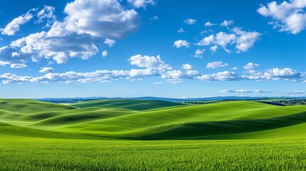 Obraz premium Vast green field under a blue sky with scattered clouds and distant hills.
