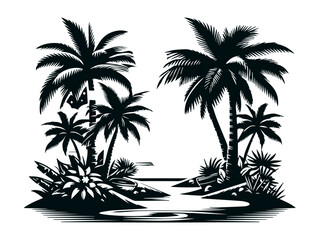 palm tree silhouette vector illustration. palm trees and sunrise vector silhouette. tropical landscape and mountains black, very peri vector illustration