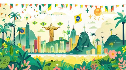 Whimsical illustration of Brazilian landmarks adorned with flags for Independence Day