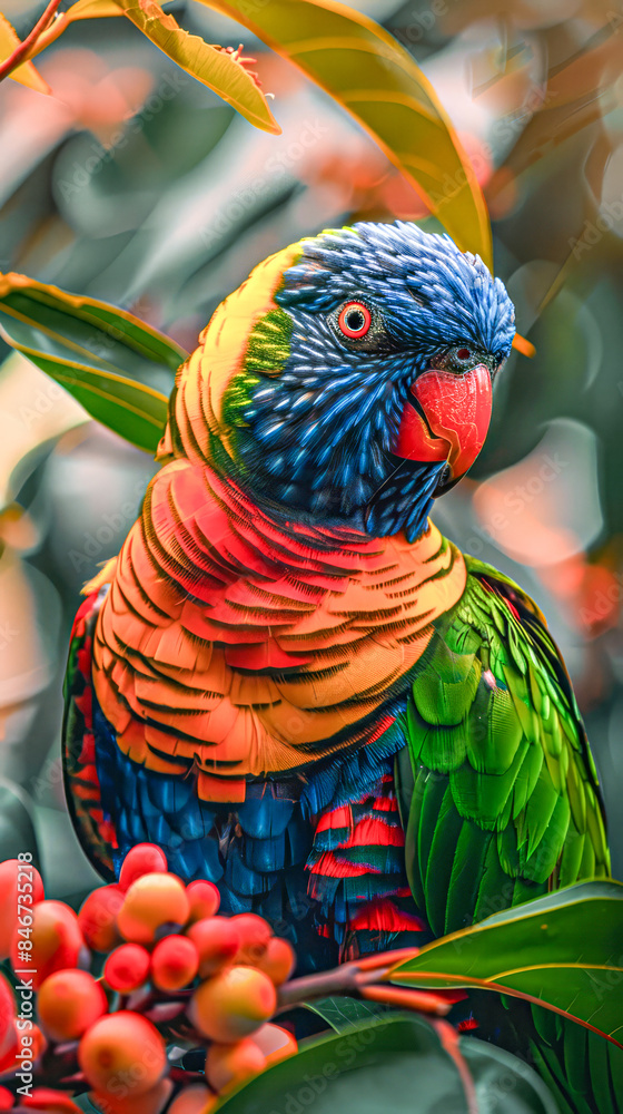 Wall mural Colorful parrot perched on branch.