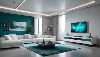 High end modern living room with white leather couch and a large flat screen tv mounted on the wall, brutalist architecture mixed with modern futuristic minimal design