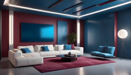 High end modern living room with white leather couch and a large flat screen tv mounted on the wall, brutalist architecture mixed with modern futuristic minimal design