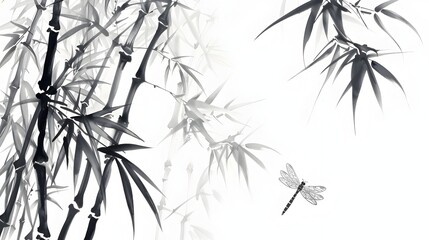 Elegant Hand-Drawn Bamboo and Dragonfly in Intricate Flat Design