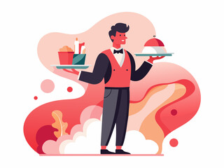 Waiter Serving Food - Abstract Soft Hue Background Vector Illustration