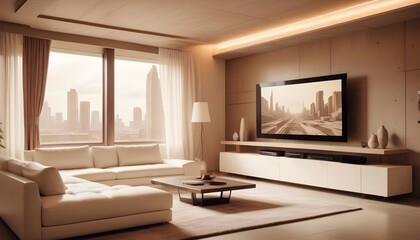 High end modern living room with white leather couch and a large flat screen tv mounted on the wall, brutalist architecture mixed with modern futuristic minimal design