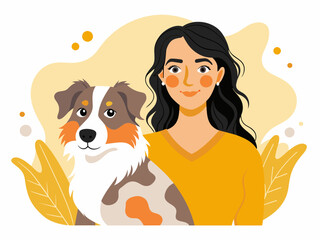 Woman and Australian Shepherd Dog - Abstract Soft Hue Background Vector Illustration