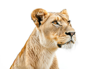 A lioness looks right, isolated on white background.