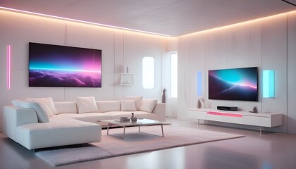 High end modern living room with white leather couch and a large flat screen tv mounted on the wall, brutalist architecture mixed with modern futuristic minimal design