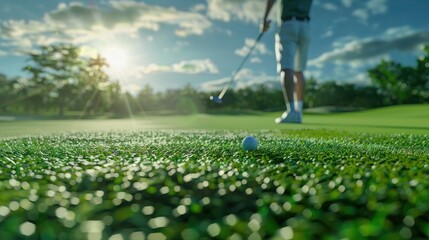 Golfer on green field with club and ball