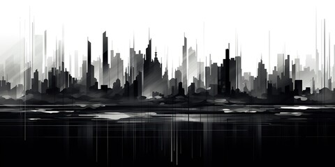 Fototapeta premium Graphic art draw paint ink grey watercolor building town city landscape background scene