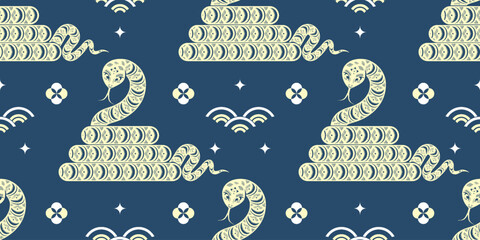 Seamless pattern happy chinese new year 2025 the snake zodiac sign cut style on color background. ( Translation : snake )
