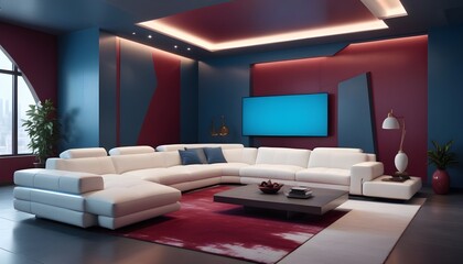High end modern living room with white leather couch and a large flat screen tv mounted on the wall, brutalist architecture mixed with modern futuristic minimal design