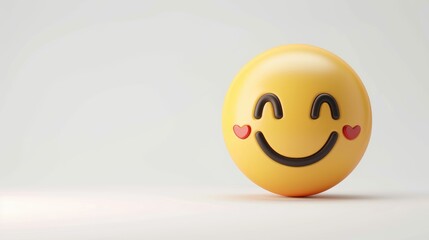 Smiling emoji and text on a white backdrop Happiness and cartoon face