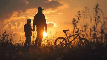 Obraz premium Silhouettes of a Father and Son at Sunset