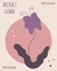 Boho Groovy abstract flower. Vector illustration background in trendy Retro Simple Naive style. Pastel violet pink brown colors. EPS 10