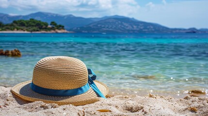 Straw Hat on Sandy Beach with Blue Sea Background