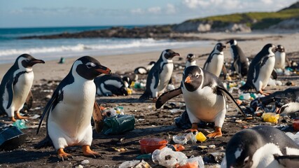 Obraz premium Flock of Penguins on the beach with rubbish. Marine and beach pollution. Ai Generative.
