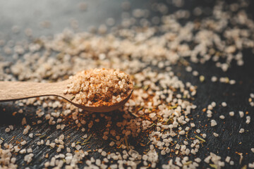 Wooden spoon with sea salt and spices on black background