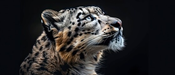 Obraz premium snow leopard's presence is highlighted against the black background, its beauty and grace mesmerizing in the darkness
